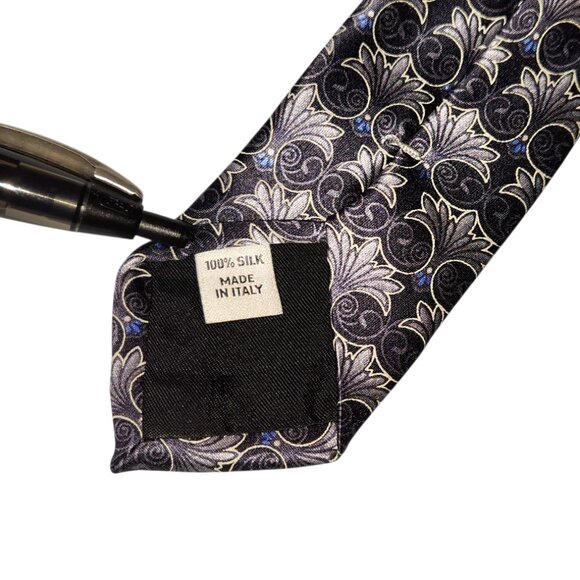 Valentino Necktie Tie Black Silver Gray Blue Floral Abstract Silk Made in Italy - Picture 6 of 6
